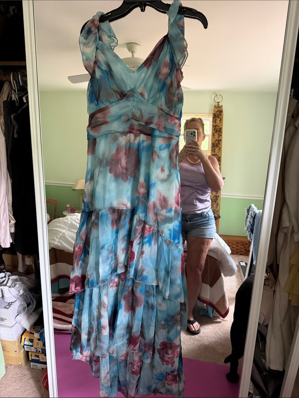 Blue Floral Tiered Maxi Dress with Ruffled Straps
